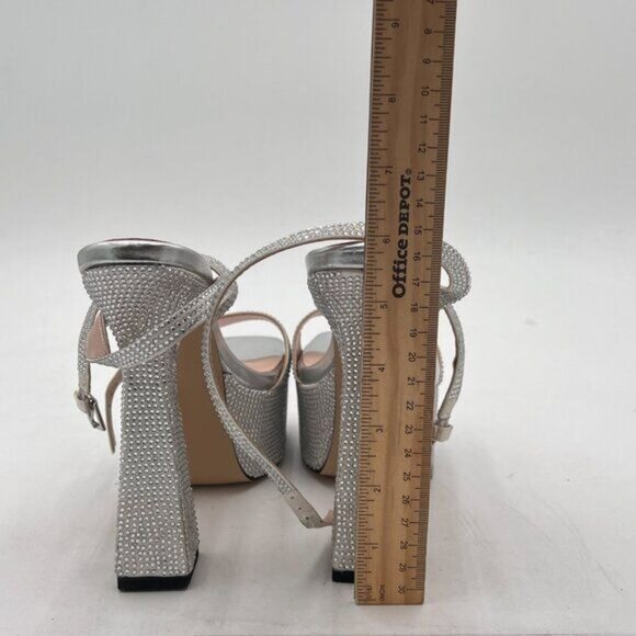 XYD Silver Platform Crystal Block Heels Sandals Open Square Toe Ankle Strap Shoe - Picture 5 of 8